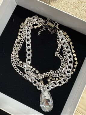 Multi-Chain Silver Necklace with Teardrop Crystal Pendant